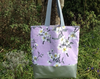 Vintage barkcloth fabric tote bag - lilac