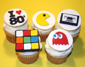Fondant cupcake toppers 80s party Pacman Rubix Cube