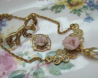 Vintage 1928 Porcelain Rose Necklace...Pearl Dangle...PLUS Porcelain Rose Ribbon Brooch...Delicate Rose Jewelry