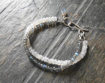 Rainbow Moonstone Labradorite bracelet, Sterling Silver Rainbow Moonstone Labradorite Bracelet, Gemstone Bracelet, Two Strand Bracelet