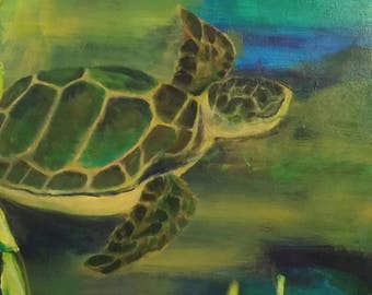 Sea Turtle mixed media collage painting wall art