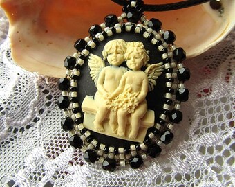 Angel Pendant Angel Cameo Necklace Bead Embroidered Angel Pendant Black Beige Pendant Embroidery Jewelry Cameo OOAK Ready to ship