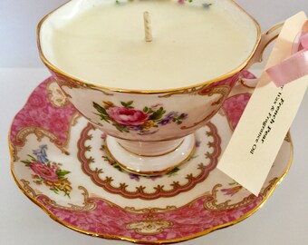 Vintage teacup candle (teacup and saucer) - Royal Albert Lady Carlyle - mismatched cup and saucer