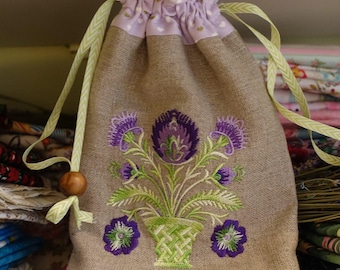 Wycinanki Linen Drawstring Bag Purple Green Flowers