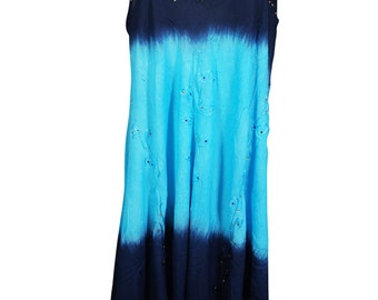 Summer Cocktail Sleeveless Rayon Stylish Dress Floral Embroidered Blue Flared Boho Chic Sundress