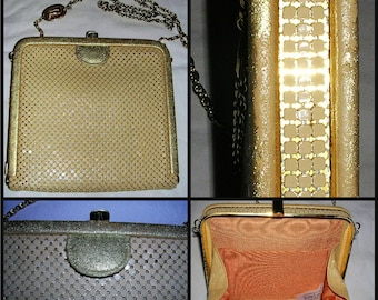 Vintage 1960s CREAM satin lined mesh/gold hardware ladies handbag by Park Lane (m/in Australia) ft logo embellished long gold shoulder chain