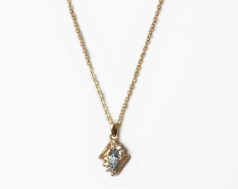 Vintage 1980's Gold Pale Blue Topaz Clear Crystal Diamond Shaped Pendant Necklace 18 Inches