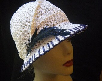 White straw Fedora summer hat with navy blue trim