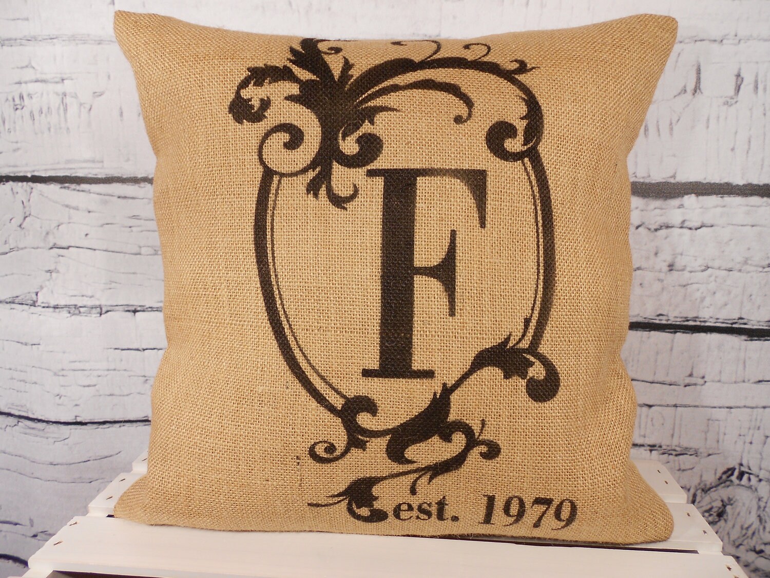 Burlap pillow with monogram initial established date