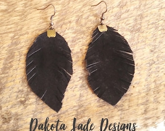 Leather Teardrop Earrings. Leather Feather Earrings. Genuine Leather. Distressed Boho Style. Summer Earrings. Handmade Jewelry. Black Suede