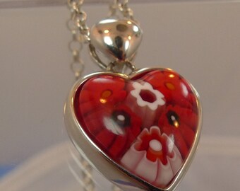 Retired Sterling Pendant Signed Alan K Millifiori Murano Glass Heart + 16" Chain #66100