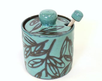 Turquoise Honey Pot with a Natural Wood Honey Stick