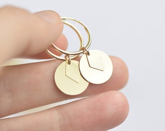 Gold filled disc hoops, geometric hoops. 14kt gold filled earrings, gold filled hoops, charm hoops, minimalist hoops, simple earrings