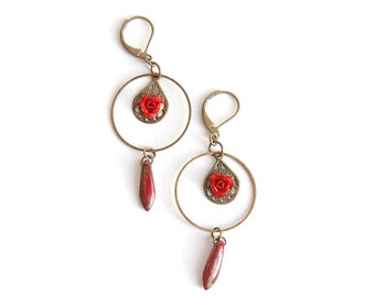 Shaman - Earrings bronze roses red and Pearl drops