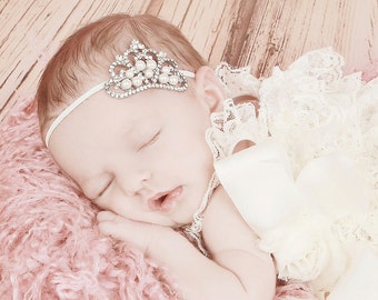 Baby Headband, Baby Tiara, Crystal & Pearl Tiara Headband, Newborn Princess Tiara, Infant Princess Headband, Toddler Girls Headband