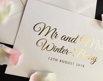 Personalised Wedding Card with Name and Date in Gold, Silver, Rose Gold or Light pink foil
