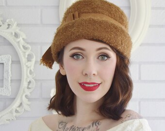 Vintage Brown Fuzzy Textured Wool Hat with Brown Ribbon