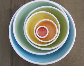 Large Rainbow Nesting Bowls, Ceramic Pottery Stoneware Serving Set, Wedding Gift, Stacking Bowls, Anniversary Gift