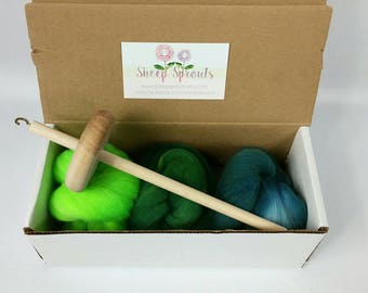 Drop Spindle Kit - Learn to Spin - Drop Spindle + Fiber Bundle - Hand Dyed US Wool Roving - 1/2 (.5) oz each of 3 Colors US Wool + Spindle