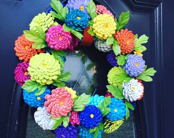Zinnias Pinecone Wreath, Zinnia Door Hanger, Front Door Wreath, Pinecone Flowers, Spring Wreath, Easter Wreath for Front Door, Gift For Mom