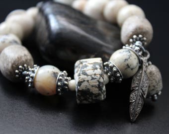 Tribal bracelet - ancient African granite bead bracelet - genuine diamond feather charm bracelet - primitive stacking bracelet - stretch