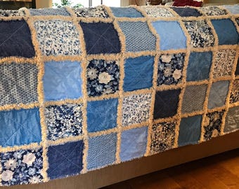 Blue and Cream rag quilt throw