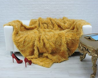Amazing Tuscan lambskin fur throw blanket, yellow color, 220cm x 190cm, i018