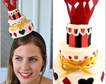 Queen Of Hearts Three tier cake Fascinator , Alice in wonderland Cake Fascinator, Alice in wonderland cake hat,Queen Of Hearts hat,