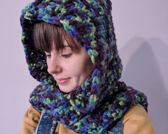 Chunky Crochet Hooded Scarf in Green/Purple/Blue/Black