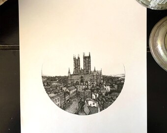 Cathedral Sketch, Lincoln, England, Black and White, Limited Edition Print