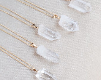 Raw Clear Quartz Necklace Gold Filled Chain 14k, Gemstone Necklace Healing Crystal Pendant Quartz Jewelry Raw Crystal Necklace Pendant