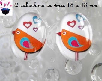 2 glass cabochons 18mm x 13mm theme little birds in the Meadow