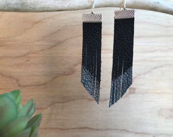 Black and silver fringe leather earrings