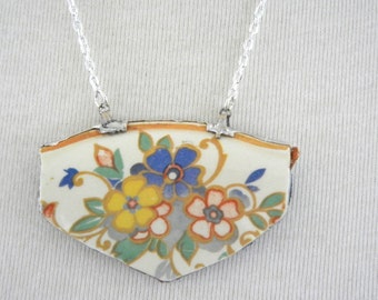 Floral Vintage Broken China Necklace Pendant Free shipping, Handmade by Bumbleberry Jewelry