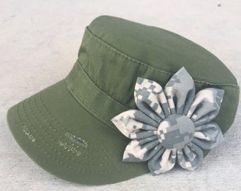 US Army ACU Digital Camo Fabric Flower Daisy Distressed Military Cadet Style Hat