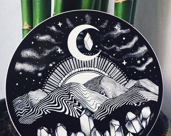 Appalachia Mountain Sticker Black and White 4" Trippy Mountain Sticker Galaxy Moon Night Sky Waterproof Vinyl Sticker