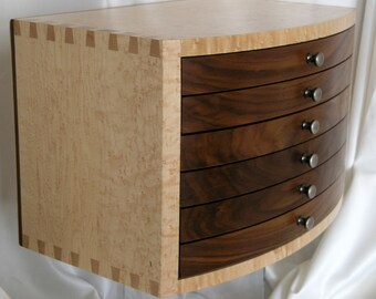 Beautiful Curved front six drawer chest, in Bird's Eye Maple, with Premium Walnut drawer fronts, and Pewter look knobs, great gift for all.