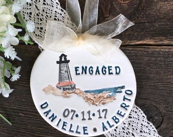 Engagement Ornament - Wedding Ornament, Lighthouse Proposal, Engagement Gift, Wedding Gift, Ceramic Ornament, Personalized Engagement Gift