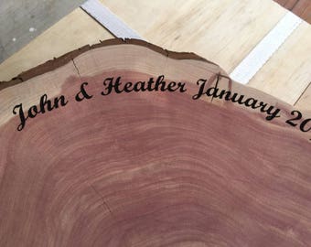 Large Wood Cake Base, Wood Piece, laser engraved with name, date, pick size 12" to 20" diameter centerpiece, cake stand, woodland, barn