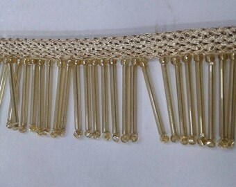 Gold Cutdana Bugle Beads Lace,Indian Nalki Trim,Tubular Bead Handmade Fringe Lace Gold Beaded Bridal Designer Trim,1 mtr,15% off 9 mtr