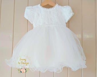 Sweet Ivory Lace Baby Girl Baptism Dress Christening Dress Lace sleeve Pearl Design with matching bonnet and shoes