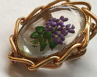 Sale Vintage Reverse Intaglio Brooch Glass Violets