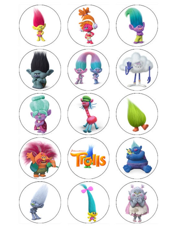 Trolls Cupcake Toppers x 15 Wafer paper/icing sheets 2