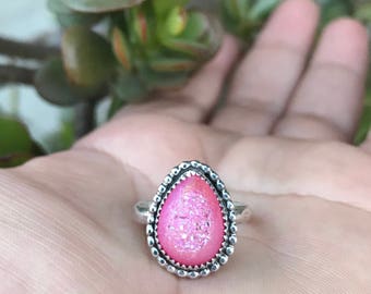 Pink druzy ring, pink druzy on sterling silver, sterling silver ring, druzy ring, pink ring