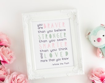 Kids Bedroom Decor, Lavender Nursery Art, Winnie the Pooh Art Quote, You Are Braver Than You Believe, Inspirational Art Print, Printable Art