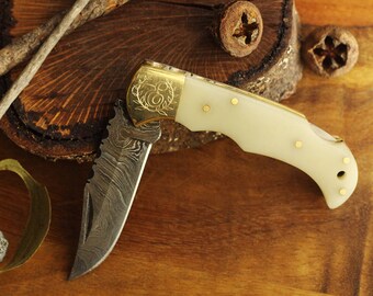 Damascus Pocket Knife Engraved - Bone Handle Damascus Knife - Personalized Groomsman Pocket Knife - Damascus Steel Blade Knives