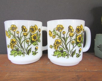 Milk Glass Coffee Mugs Vintage Glasbake Yellow Buttercup Mugs