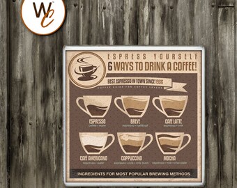 Drink Coaster, Espresso, 6 Ways To Drink A Coffee, Cafe Latte, Mocha, Breve, Americano, Espresso Recipes, Housewarming Gift, Made To Order