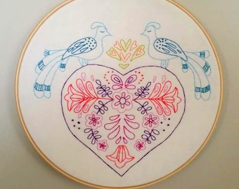 Folk Art Bird Valentine Heart 8 inch Hoop Art