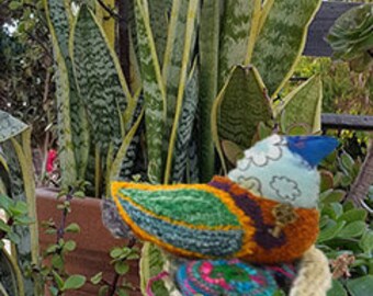 Margerie MaCcaw, Bird with nest, needle punched bird, textile art bird, primitive art bird